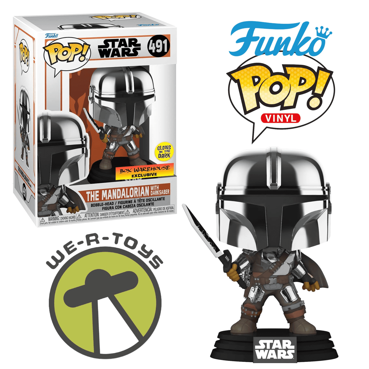 The Mandalorian with Darksaber 491 Stickered Glow in the Dark Vinyl Pop with Protector
